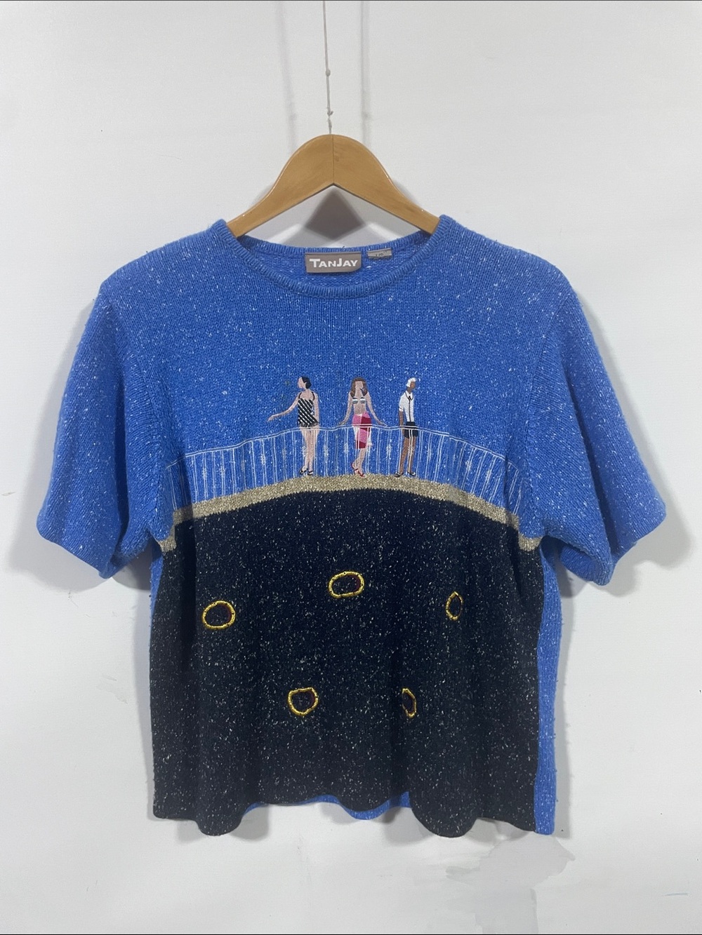 TanJay Blue & Black Short Sleeve Scoop-Neck Sweater with Gold Accents
